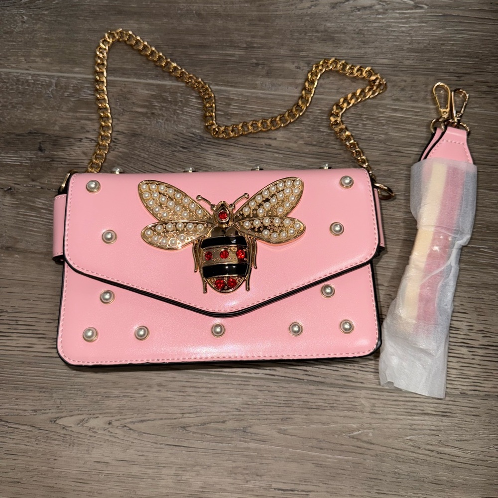 NWOT Pink Designer Bee Embellished Shoulder Bag